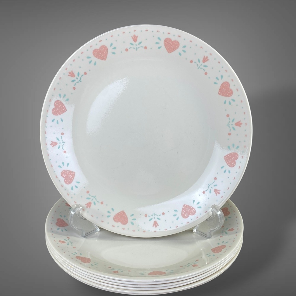 Corelle Forever Yours Dinner Plates Set of 7 Peach/Pink Hearts 10.25" 1980s 90s